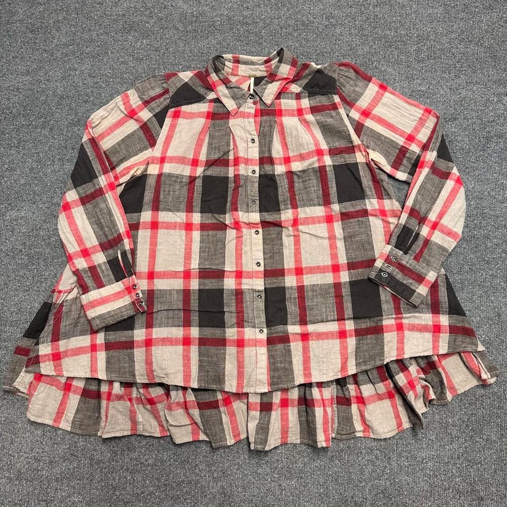 Free People Women’s Preppy in Plaid Ruffle Button-Down Tunic Top Camden Shirt M